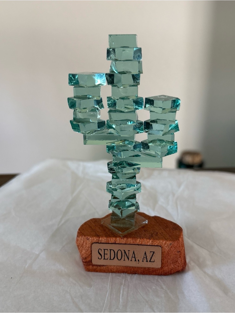 Stacked Green Glass Arizona Cactus Sculpture Sandstone Base  Sedona Arizona